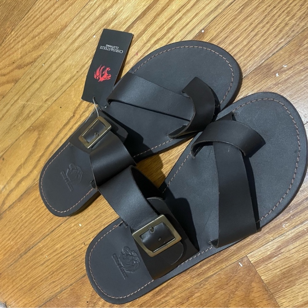 Chris & Steeze Men's Brown Leather Buckle Slide Sandals Sz 11 (44)